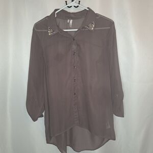 Studio Y Sheer Button Down Shirt Embellished Collar Gray Lavendar Size L #72